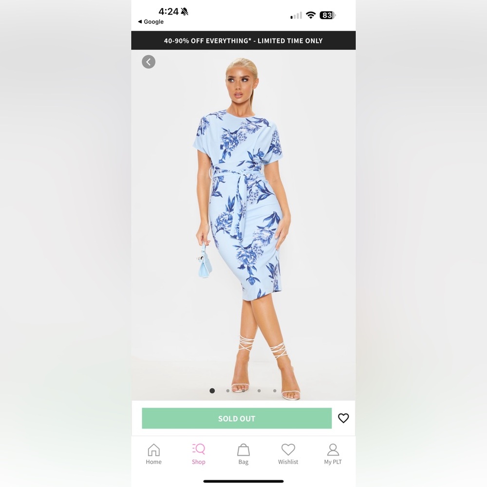 Blue Floral Print Short Sleeve Tie Waist Midi Dress